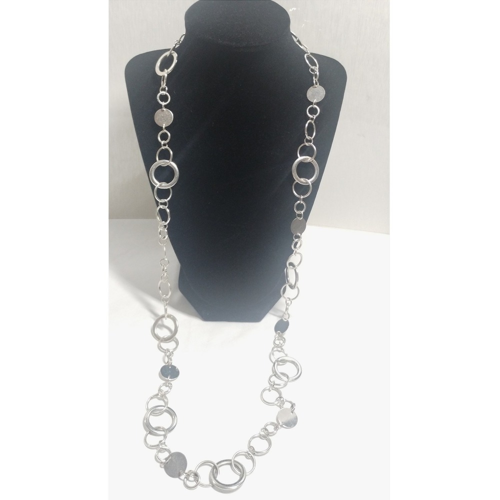 NY Silver Tone Long Multi Circle Link and Disc Chain Necklace Modern Minimalist